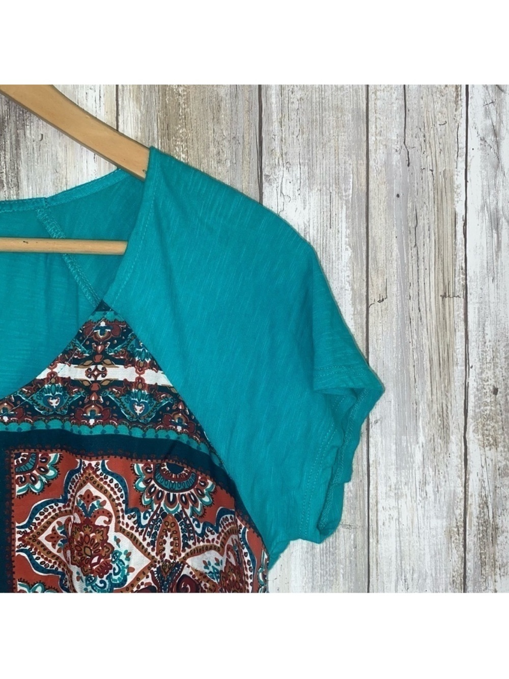 Lucky Brand Teal Boho Mixed Media Paisley Print Top Medium Cotton Viscose - Picture 3 of 6